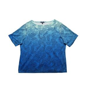 Karen Scott Shirt Women 4X Blue Ombre Tropical Leaf Print Short Sleeve Boat Neck